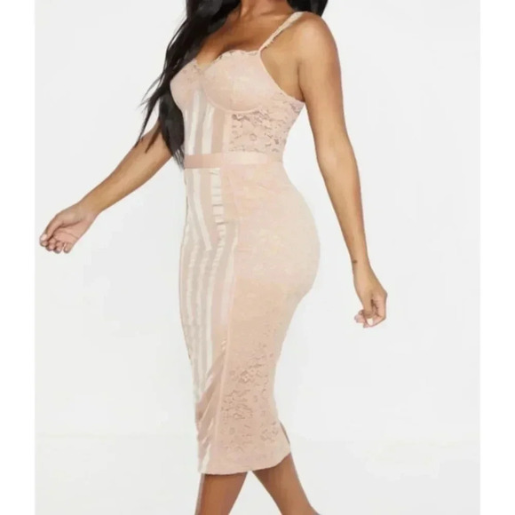 PrettyLittleThing Stone Shape Lace Mesh Stripe Midi Dress Tan Beige Bodycon 8 - Picture 15 of 15
